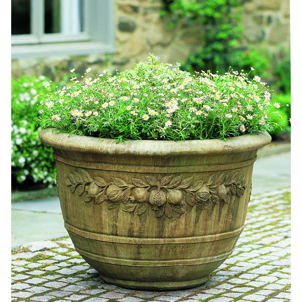 Pack of 2 Athens 40cm Round Planter Pots Stone and Black Garden Pots 